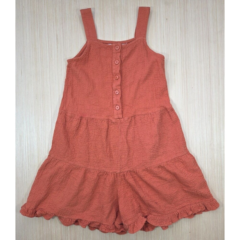 Dot Dot Smile Girl's Tiered Romper Orange Rust Size 8/10 Cotton Gauze Ruffles